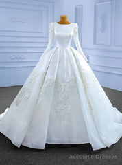 White Satin Tulle Long Sleeve Appliques Wedding Dress