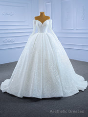 White Sequins Beading Long Sleeve Wedding Dress