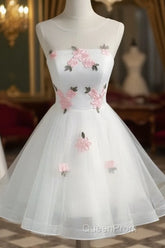 White Short Cute Graduation Party Dresses , Lovely Evening Prom Dresses , Formal Dresses Tulle With Flowers