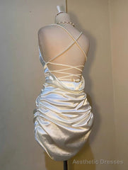 White Short Satin Sheath Birthday Dress Short Prom Dress