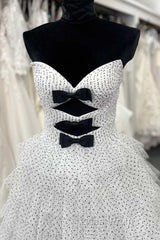 White Strapless Swiss Dot Layered Long Evening Prom Dresses