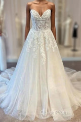 White Sweetheart A-Line Wedding Dresses Tulle Lace Bridal Dresses With Sweep Train Off Shoulder Elegant