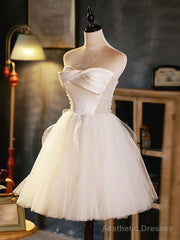 White Sweetheart Neck Tulle Short Prom Dress, Light Champagne Homecoming Dress