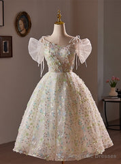 White Tulle Flower Sequins Short Sleeve Homecoming Dress