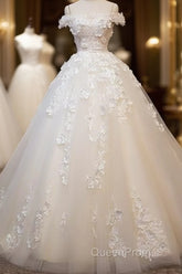 White Tulle Lace Applique Long Evening Prom Dresses, White Lace Wedding Dresses