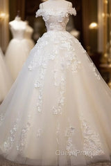 White Tulle Lace Applique Long Evening Prom Dresses, White Lace Wedding Dresses