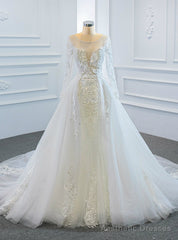 White Tulle Long Sleeve Beading Wedding Dress With Removable Train