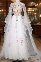 White Tulle Long Sleeves A-Line Wedding Party Dresses, White Tulle Evening Prom Dresses