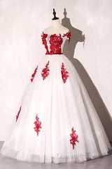 White Tulle Scoop Long Formal Dresses With Red Lace, Lovely Red Formal Dresses Evening Prom Dresses