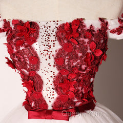 White Tulle Scoop Long Formal Dresses With Red Lace, Lovely Red Formal Dresses Evening Prom Dresses