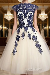 White Tulle Short Navy Blue Lace Evening Prom Dresses, Short Blue Lace Homecoming Dresses