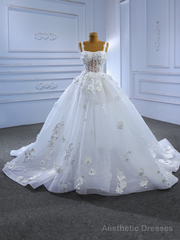 White Tulle Straps 3D Flower Wedding Dress