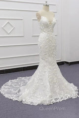 White Tulle Wedding Dresses Lace Appliques Spaghetti Straps Mermaid Bridal Dresses Open Back