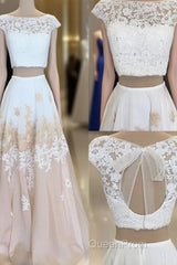 White Two Pieces Lace Long Evening Prom Dresses, White Evening Dresses