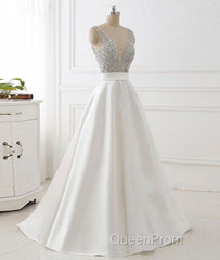 White v neck beads sequin long Evening Prom Dresses, white evening Dresses