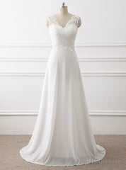 White V-neck Chiffon Lace Beading Wedding Dress