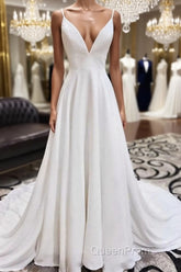 White v neck chiffon long Evening Prom Dresses, white lace evening Dresses
