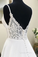 White v neck chiffon long Evening Prom Dresses, white lace evening Dresses