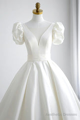 White V-Neck Satin Long Prom Dress, A-Line Short Sleeve Formal Dress