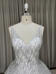 White V Neck Sequin Tulle Long Prom Dress White Tulle Evening Dress