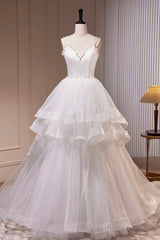 White V-Neck Tulle Long Prom Dress, A-Line Evening Dress with Train