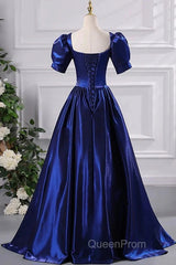 Wholesale Blue Satin Floor Length Evening Prom Dresses A-Line Short Sleeve Backless Evening Party Dresses