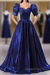 Wholesale Blue Satin Floor Length Evening Prom Dresses A-Line Short Sleeve Backless Evening Party Dresses