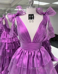 Wholesale Dark Purple Princess A-Line Deep V-Neck Long Tiered Evening Prom Party Dresses Evening Prom Clothing
