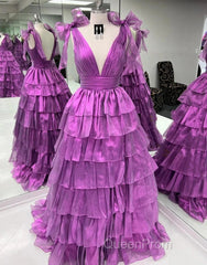 Wholesale Dark Purple Princess A-Line Deep V-Neck Long Tiered Evening Prom Party Dresses Evening Prom Clothing