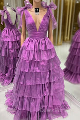 Wholesale Dark Purple Princess A-Line Deep V-Neck Long Tiered Evening Prom Party Dresses Evening Prom Clothing