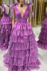 Wholesale Dark Purple Princess A-Line Deep V-Neck Long Tiered Evening Prom Party Dresses Evening Prom Clothing