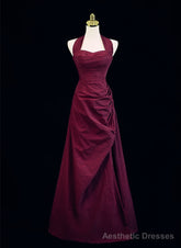 Wine Red A-Line Halter Vintage Style Prom Dress, Wine Red Long Evening Dress