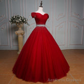 Wine Red Ball Gown Off Shoulder Beaded Party Dress, Tulle Off Shoulder Prom Dress