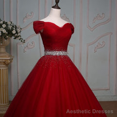 Wine Red Ball Gown Off Shoulder Beaded Party Dress, Tulle Off Shoulder Prom Dress