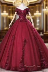 Wine Red Ball Gown Sweetheart Off Shoulder Long Party Dresses, Wine Red Sweet 16 Dresses