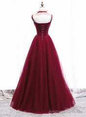Wine Red Beaded Straps Party Dress Prom Dress, Beaded Tulle Formal Dress