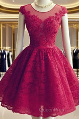 Wine Red Lace Knee Length Round Neckline Party Dresses, Cute Homecoming Dresses