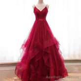 Wine Red Layers Tulle V-neckline Straps Formal Dress, Wine Red Evening Dress Party Dress