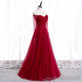 Wine Red Long Sleeves Beaded Tulle Evening Gown, A-line Wine Red Long Prom Dress