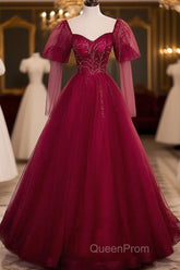 Wine Red Long Sleeves Tulle Evening Gown Evening Prom Dresses, Dark Red Beaded Party Dresses