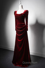 Wine Red Long Sleeves Velvet Long Party Dresses, Wine Red A-Line Evening Prom Dresses Wedding Party Dresses