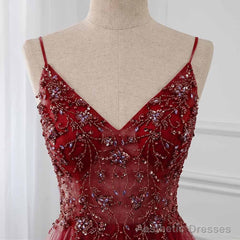 Wine Red Long Tulle V-neckline Beaded Junior Prom Dress, Dark Red Party Dress