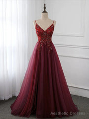 Wine Red Long Tulle V-neckline Beaded Junior Prom Dress, Dark Red Party Dress