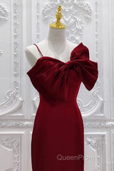 Wine Red Mermaid Evening Gown With Leg Slit, Straps Long Evening Prom Dresses