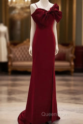Wine Red Mermaid Evening Gown With Leg Slit, Straps Long Evening Prom Dresses