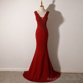 Wine Red Mermaid Floor Length Low Back Evening Dress, Burgundy Prom Dress Party Dress