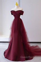 Wine Red Mermaid Lace-Up Satin Long Formal Dresses, Wine Red Off Shoulder Evening Dresses
