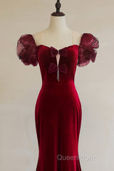 Wine Red Mermaid Long Party Dresses With Bow, Wine Red Evening Dresses Evening Prom Dresses