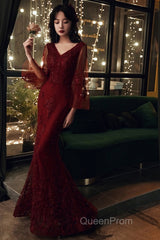 Wine Red Mermaid Long Evening Prom Dresses With Lace, V-Neckline Evening Prom Dresses