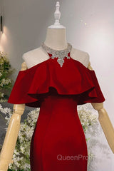 Wine Red Mermaid Off Shoulder Halter Neckline Party Dresses, Wine Red Evening Gown